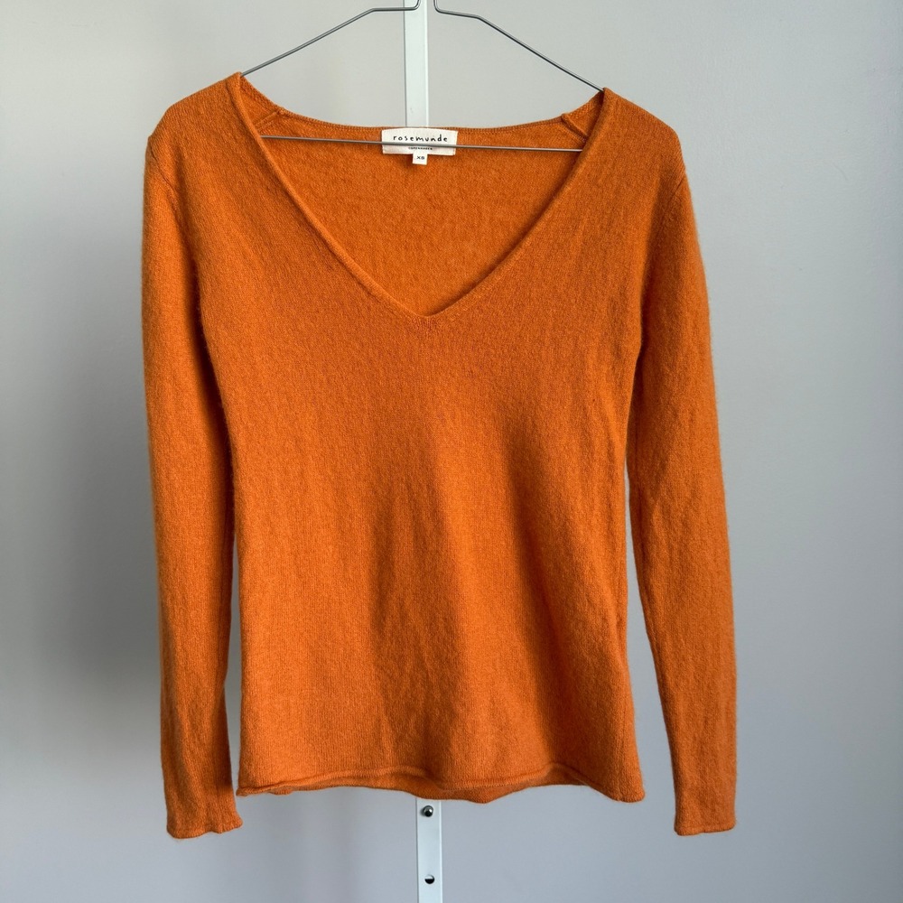 Rosemunde Wool Cashmere Academia Clean Coastal Dainty V Neck‎ Sweater XS Orange
